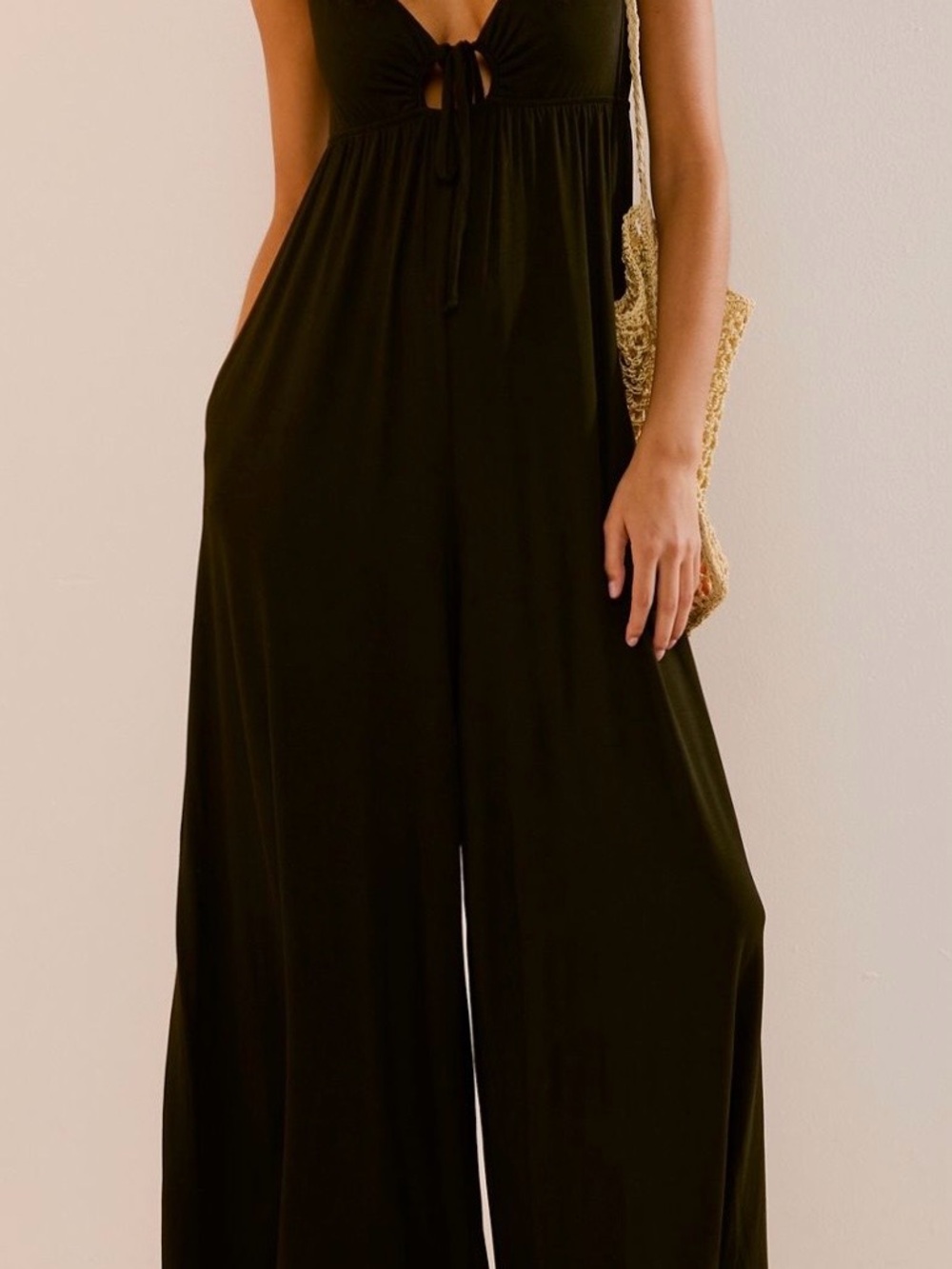 Kirsten One Piece Free People Black Tie-Front Wide-Leg Jumpsuit